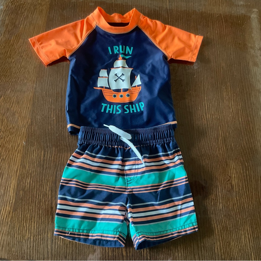 Simple Joys Striped Swim Shorts - Navy, Orange, Teal